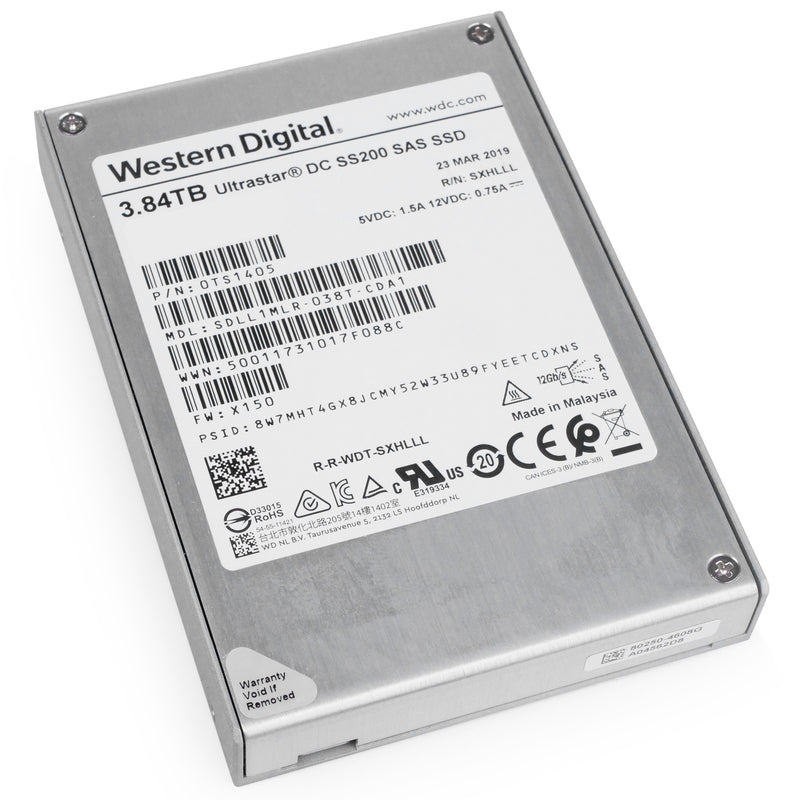 Western Digital Ultrastar DC SS200 0TS1405 3.84TB 1 DWPD SAS 12Gb/s MLC 2.5in Refurbished SSD, front bottom angled view