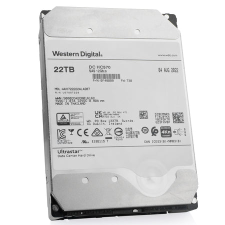 Western Digital Ultrastar DC HC570 WUH722222AL5204 0F48008 22TB 7.2K RPM SAS 12Gb/s 512e 3.5in Refurbished HDD, front angled view