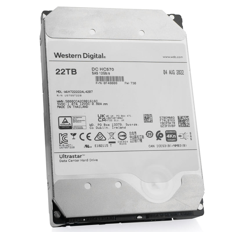 Western Digital Ultrastar DC HC570 WUH722222AL5204 0F48008 22TB 7.2K RPM SAS 12Gb/s 512e 3.5in Refurbished HDD, front angled view