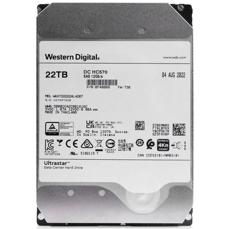 Western Digital Ultrastar DC HC570 WUH722222AL5204 0F48008 22TB 7.2K RPM SAS 12Gb/s 512e 3.5in Refurbished HDD, front view