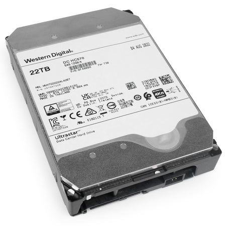 Western Digital Ultrastar DC HC570 WUH722222AL5204 0F48008 22TB 7.2K RPM SAS 12Gb/s 512e 3.5in Refurbished HDD, front bottom angled view