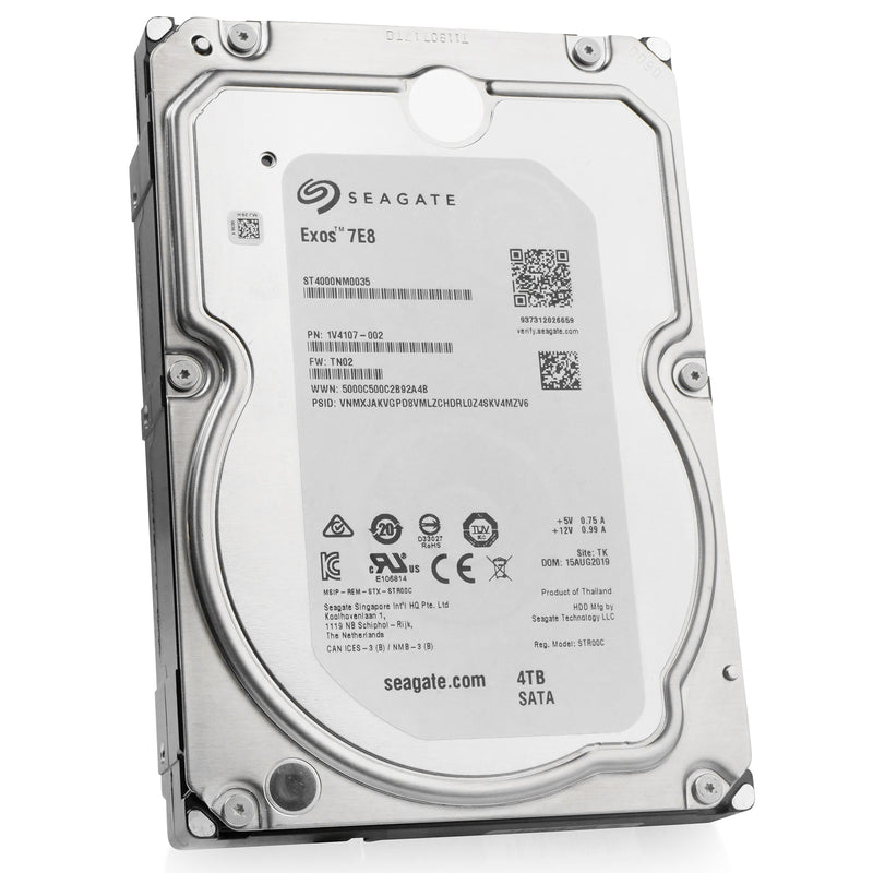 Seagate Exos 7E8 ST4000NM0035 4TB 7.2K RPM SATA 6Gb/s 512n 128MB 3.5" HDD, front angled view