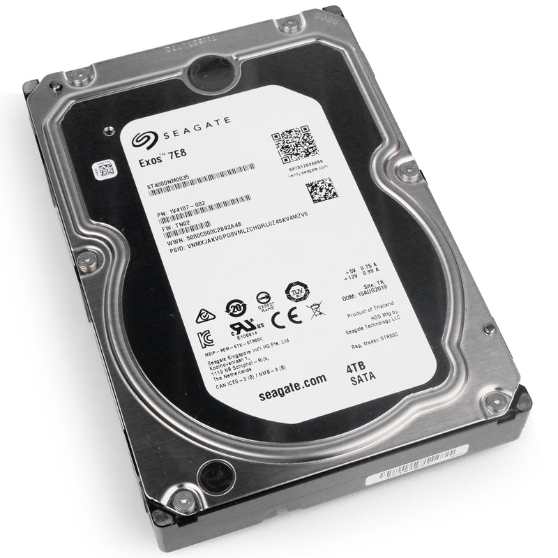 Seagate Exos 7E8 ST4000NM0035 4TB 7.2K RPM SATA 6Gb/s 512n 128MB 3.5" HDD, front bottom angled view