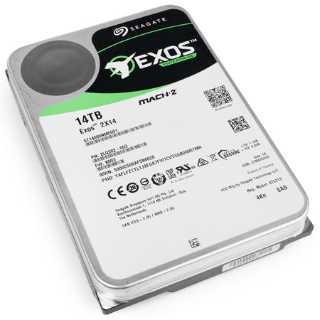Seagate Exos 2X14 ST14000NM0001 14TB 7.2K RPM SAS 12Gb/s 4Kn MACH.2 3.5in Refurbished HDD, front bottom angled view