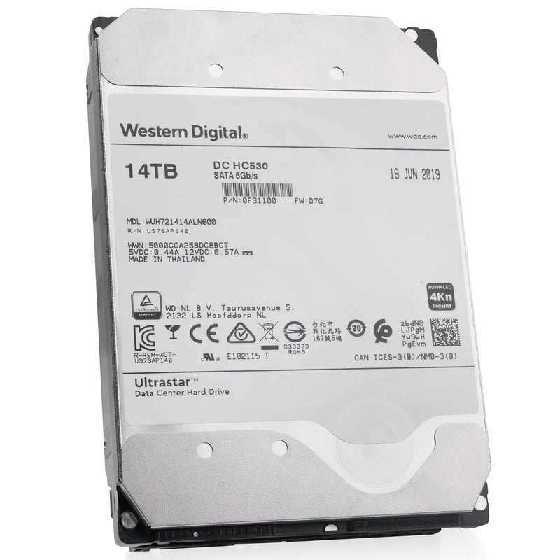 Western Digital Ultrastar DC HC530 WUH721414ALN600 0F31100 14TB 7.2K RPM SATA 6Gb/s 4Kn 3.5in Refurbished HDD, front angled view