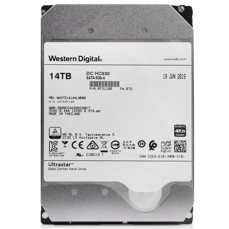 Western Digital Ultrastar DC HC530 WUH721414ALN600 0F31100 14TB 7.2K RPM SATA 6Gb/s 4Kn 3.5in Refurbished HDD, front view