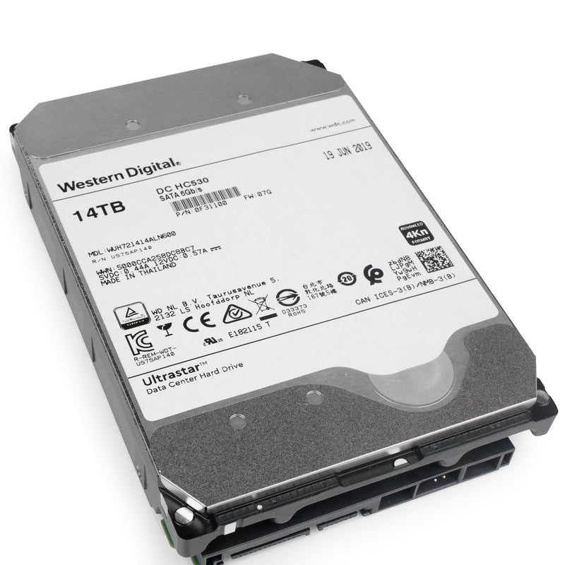 Western Digital Ultrastar DC HC530 WUH721414ALN600 0F31100 14TB 7.2K RPM SATA 6Gb/s 4Kn 3.5in Refurbished HDD, front bottom angled view