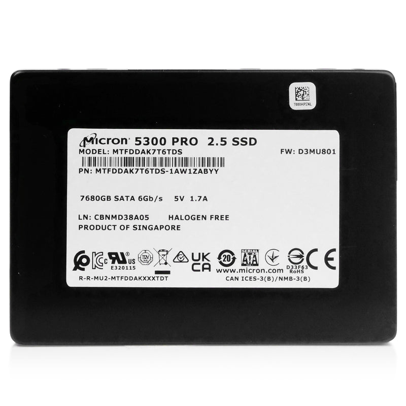 Micron 5300 PRO MTFDDAK7T6TDS-1AW1ZABYY 7.68TB SATA 6Gb/s 3D TLC 2.5in Solid State Drive, front view