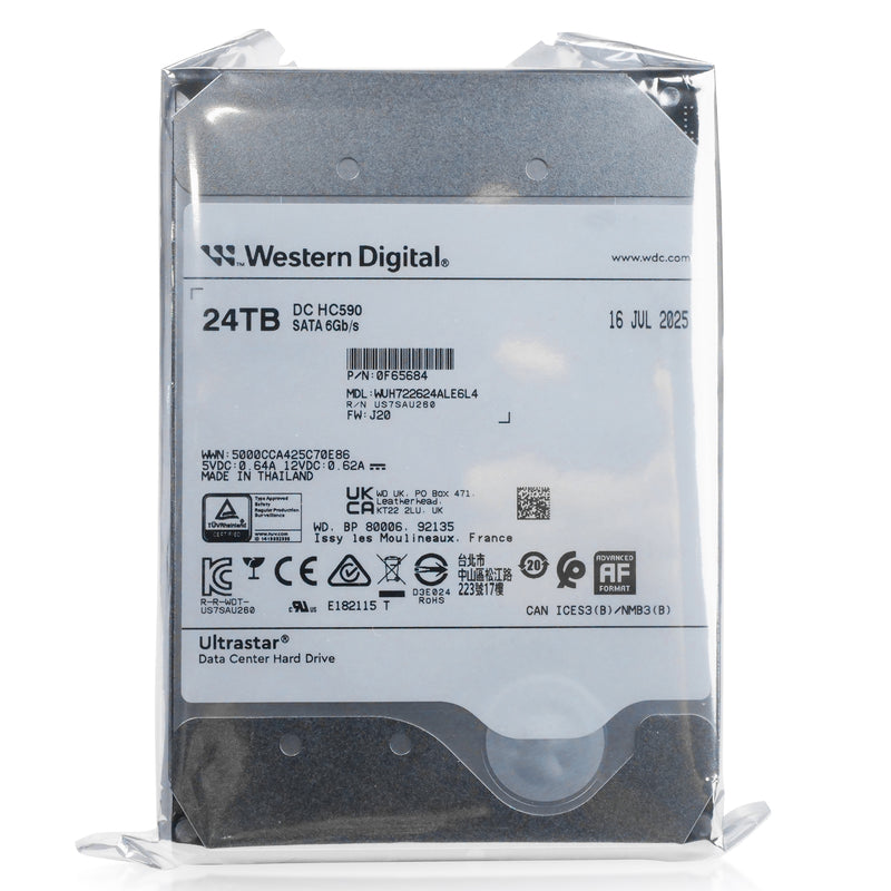 Western Digital Ultrastar HC590 WUH722624ALE6L4 0F65684 24TB 7.2K RPM SATA 6Gb/s 512e 3.5in Hard Drive, front unopen sealed view