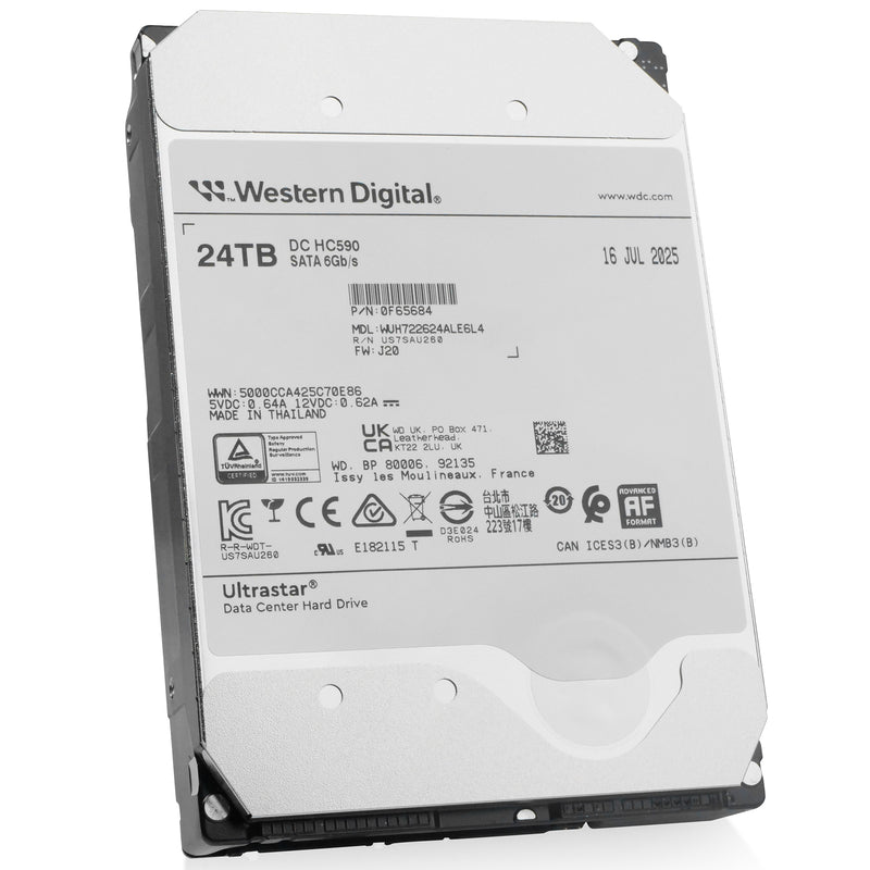 Western Digital Ultrastar HC590 WUH722624ALE6L4 0F65684 24TB 7.2K RPM SATA 6Gb/s 512e 3.5in Hard Drive, front angled view