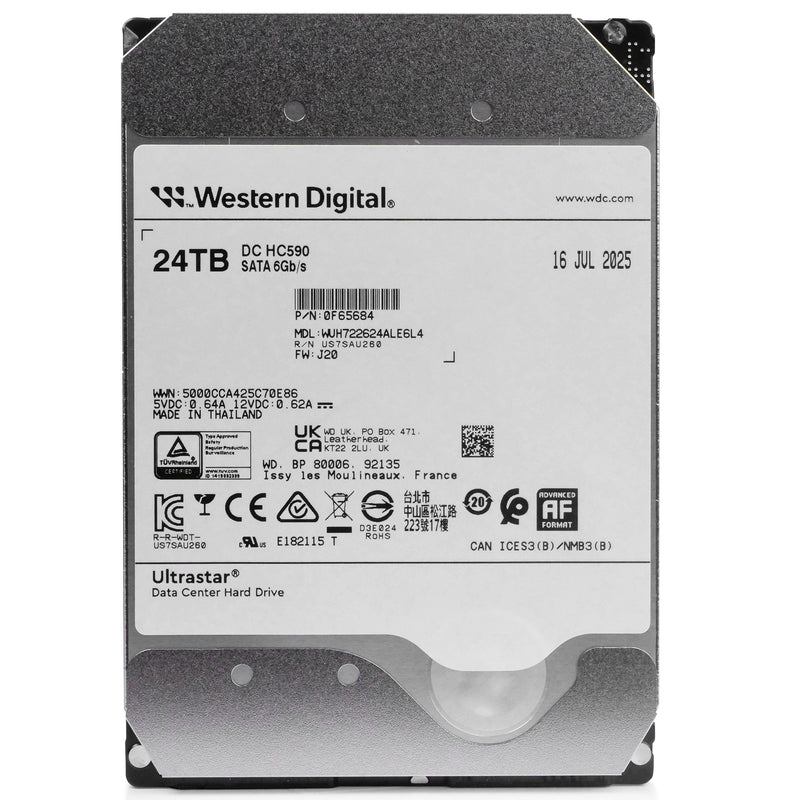Western Digital Ultrastar HC590 WUH722624ALE6L4 0F65684 24TB 7.2K RPM SATA 6Gb/s 512e 3.5in Hard Drive, front view