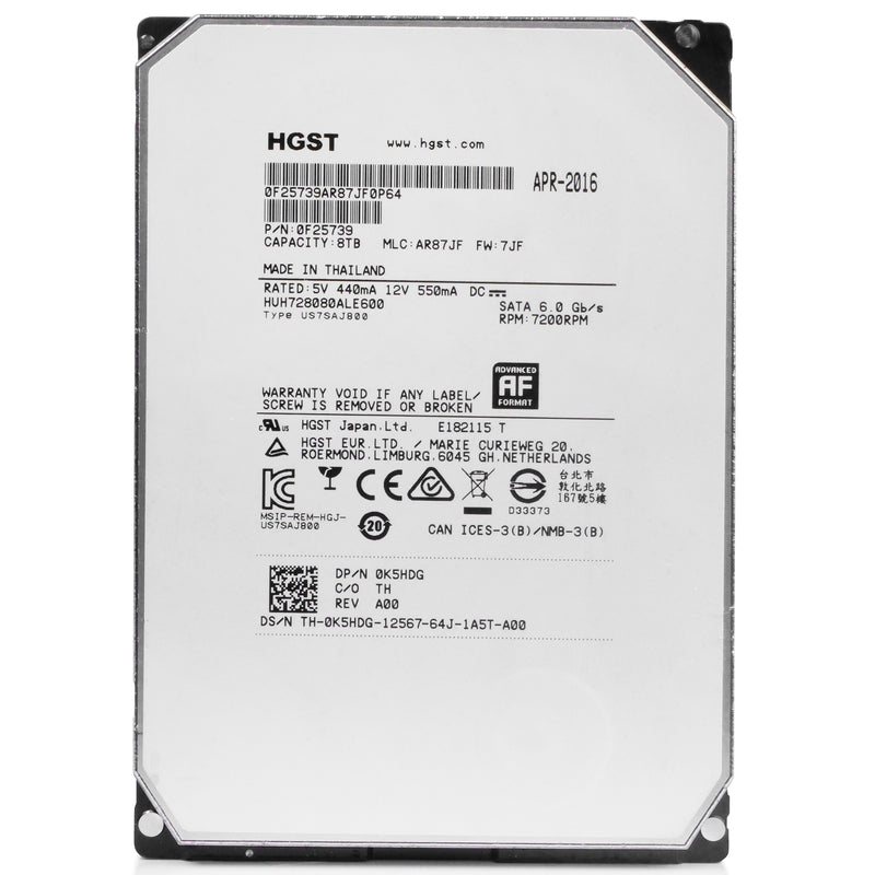 HGST Ultrastar He8 HUH728080ALE600 0F25739 8TB 7.2K RPM SATA 6Gb/s 512e 128MB 3.5" ISE HDD