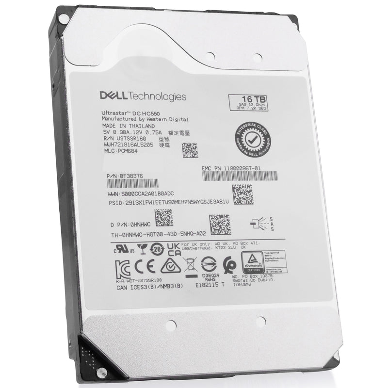 Dell/Western Digital Ultrastar DC HC550 WUH721816AL5205 0F38376 16TB 7.2K RPM SAS 12Gb/s 512e 3.5in Hard Drive, front angled view