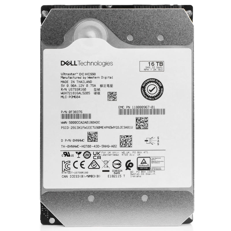 Dell/Western Digital Ultrastar DC HC550 WUH721816AL5205 0F38376 16TB 7.2K RPM SAS 12Gb/s 512e 3.5in Hard Drive, front view