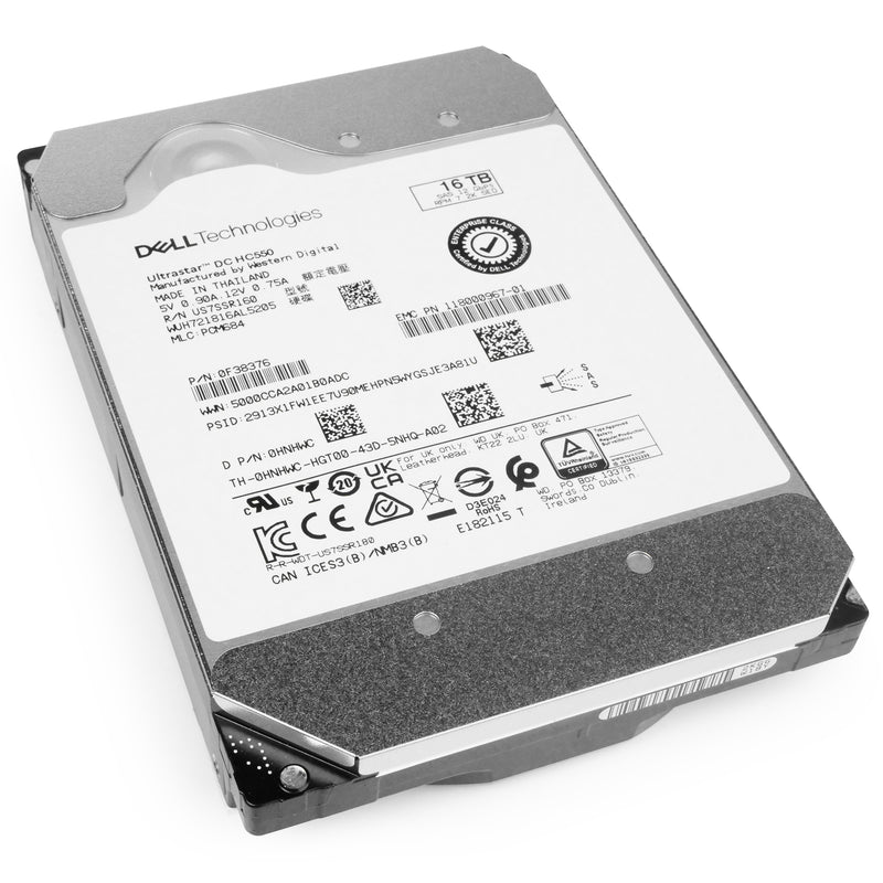 Dell/Western Digital Ultrastar DC HC550 WUH721816AL5205 0F38376 16TB 7.2K RPM SAS 12Gb/s 512e 3.5in Hard Drive, front bottom angled view