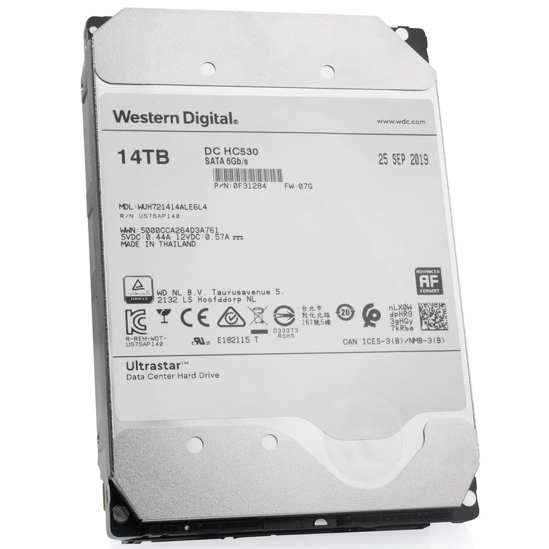 Western Digital Ultrastar DC HC530 HUH721414ALE6L4 0F31284 14TB 7.2K RPM SATA 6Gb/s 512e 3.5in Refurbished HDD, front angled view