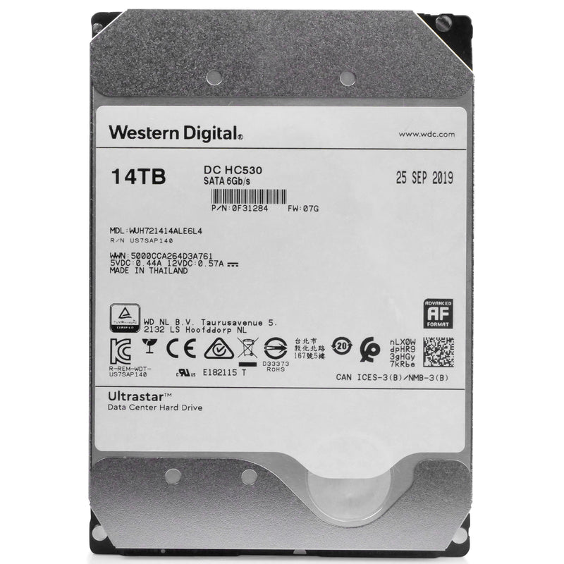 Western Digital Ultrastar DC HC530 HUH721414ALE6L4 0F31284 14TB 7.2K RPM SATA 6Gb/s 512e 3.5in Refurbished HDD, front view
