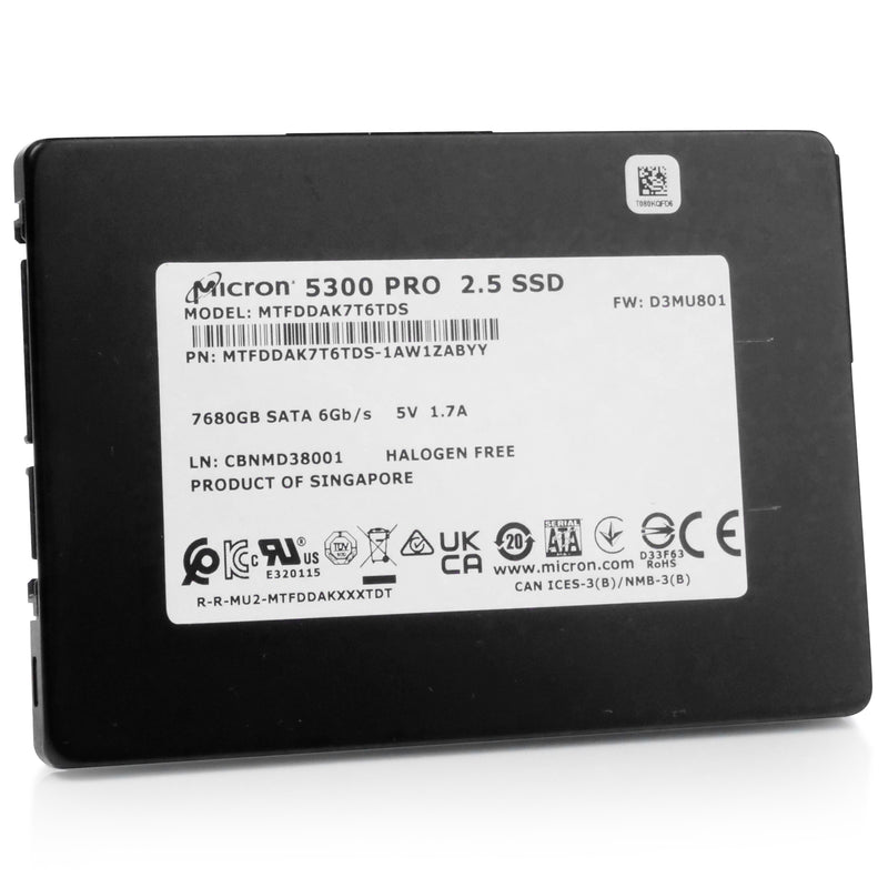 Micron 5300 PRO MTFDDAK7T6TDS-1AW1ZABYY 7.68TB SATA 6Gb/s 3D TLC 2.5in Solid State Drive, front angled view