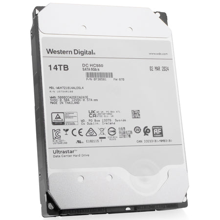 Western Digital Ultrastar DC HC550 WUH721814ALE6L4 0F38581 14TB 7.2K RPM SATA 6Gb/s 512e 3.5in Hard Drive, front angled view