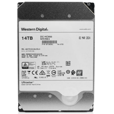 Western Digital Ultrastar DC HC550 WUH721814ALE6L4 0F38581 14TB 7.2K RPM SATA 6Gb/s 512e 3.5in Hard Drive, front view