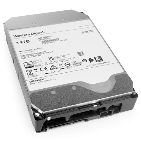 Western Digital Ultrastar DC HC550 WUH721814ALE6L4 0F38581 14TB 7.2K RPM SATA 6Gb/s 512e 3.5in Hard Drive, front bottom angled view