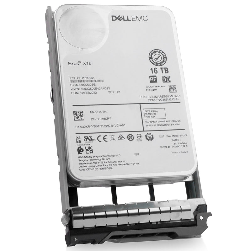 Dell G13 039XRY 16TB 7.2K RPM SATA 6Gb/s 512e 3.5in Refurbished HDD, front angled view