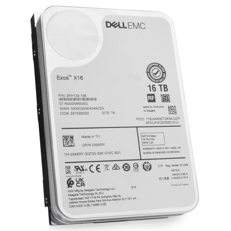 Dell/Seagate Exos X16 ST16000NM005G 16TB 7.2K RPM SATA 6Gb/s 512e 3.5in Refurbished HDD, front angled view