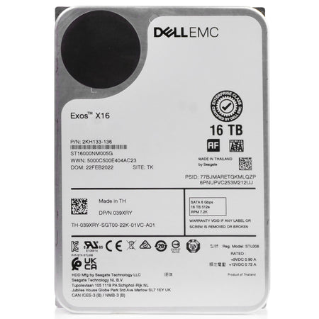 Dell/Seagate Exos X16 ST16000NM005G 16TB 7.2K RPM SATA 6Gb/s 512e 3.5in Refurbished HDD, front view