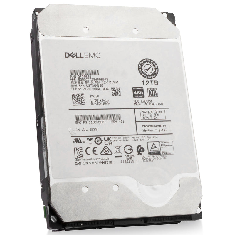 Dell/Western Digital Ultrastar DC HC520 HUH721212ALN600 0F29624 12TB 7.2K RPM SATA 6Gb/s 4Kn 3.5in Refurbished HDD, front angled view
