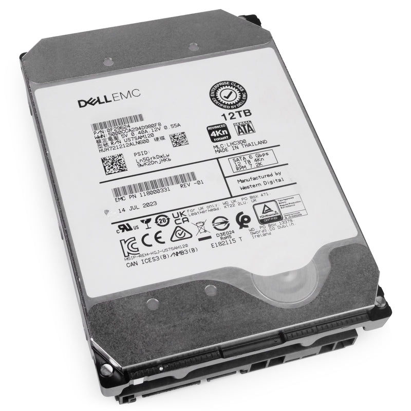 Dell/Western Digital Ultrastar DC HC520 HUH721212ALN600 0F29624 12TB 7.2K RPM SATA 6Gb/s 4Kn 3.5in Refurbished HDD, front angled view