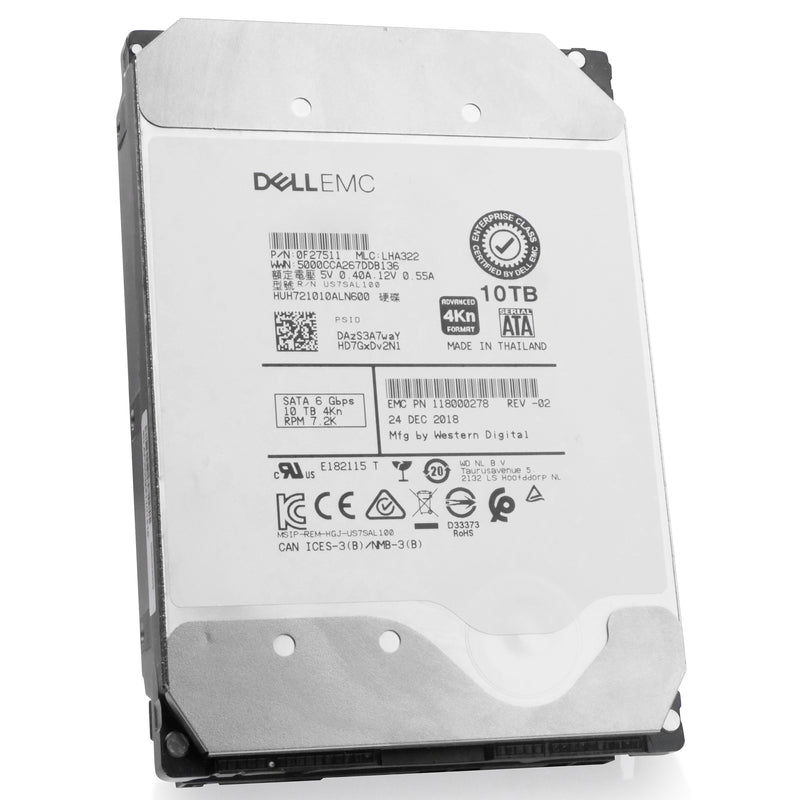 Dell/Western Digital Ultrastar DC HC510 HUH721010ALN600 0F27511 10TB 7.2K RPM SATA 6Gb/s 4Kn 3.5in Refurbished HDD, front angled view