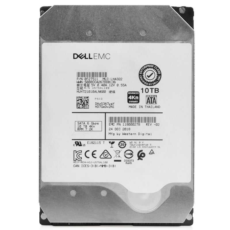 Dell/Western Digital Ultrastar DC HC510 HUH721010ALN600 0F27511 10TB 7.2K RPM SATA 6Gb/s 4Kn 3.5in Refurbished HDD, front view
