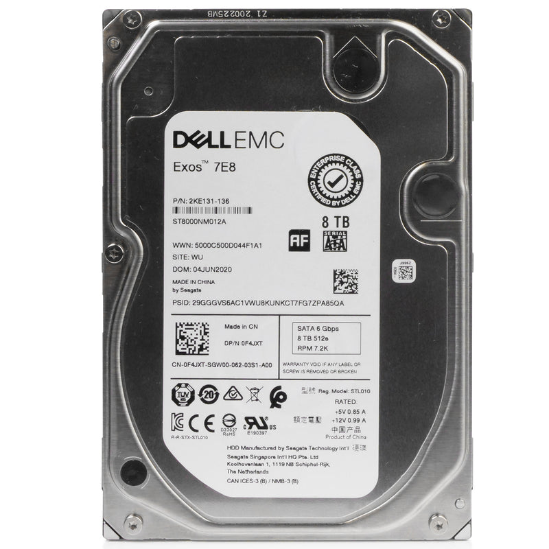 Dell/Seagate Exos 7E8 ST8000NM012A 8TB 7.2K RPM SATA 6Gb/s 512e 3.5in Refurbished HDD, front view
