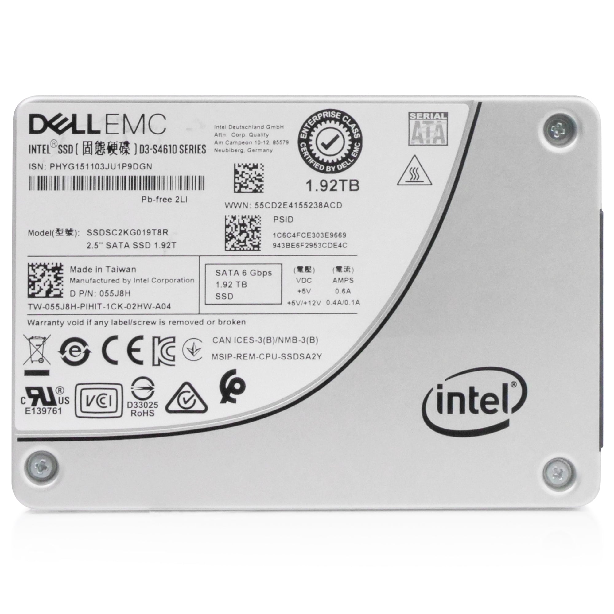 Dell/Intel S4610 SSDSC2KG019T8R 1.92TB 3 DWPD SATA 6Gb/s 3D TLC 2.5in Refurbished SSD, front view