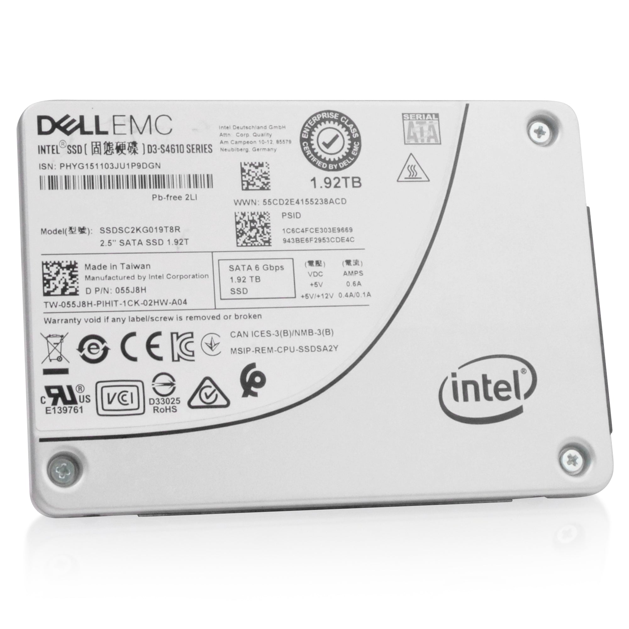 Dell/Intel S4610 SSDSC2KG019T8R 1.92TB 3 DWPD SATA 6Gb/s 3D TLC 2.5in Refurbished SSD, front angled view