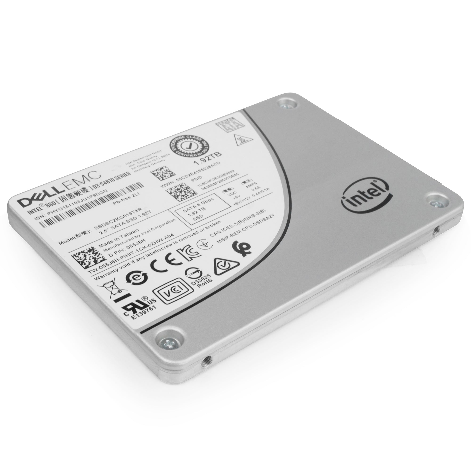 Dell/Intel S4610 SSDSC2KG019T8R 1.92TB 3 DWPD SATA 6Gb/s 3D TLC 2.5in Refurbished SSD, front side angled view