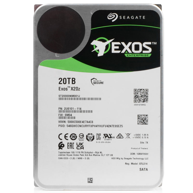 Seagate Exos X20z ST20000NM001J 20TB 7.2K RPM SATA 6Gb/s 3.5in Refurbished HDD, front view