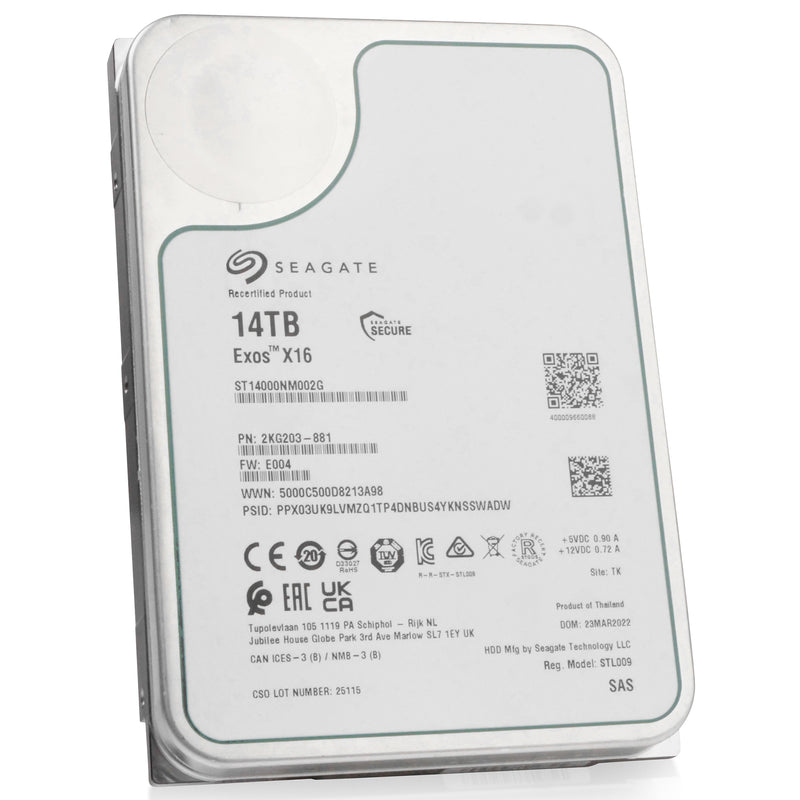 Seagate Exos X16 ST14000NM002G 14TB 7.2K RPM SAS 12Gb/s 3.5in Recertified Hard Drive, front angled view