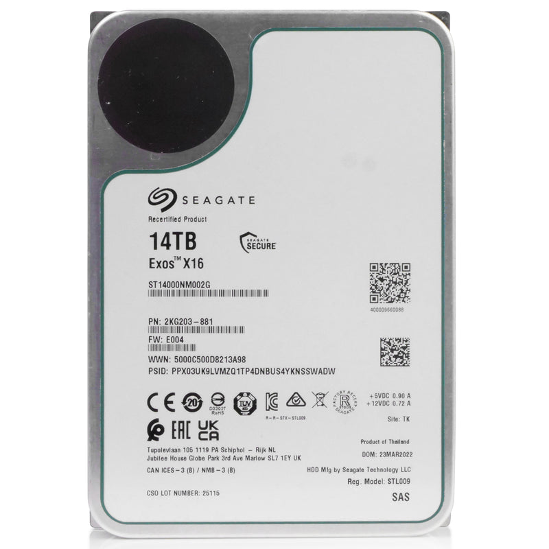Seagate Exos X16 ST14000NM002G 14TB 7.2K RPM SAS 12Gb/s 3.5in Recertified Hard Drive, front view