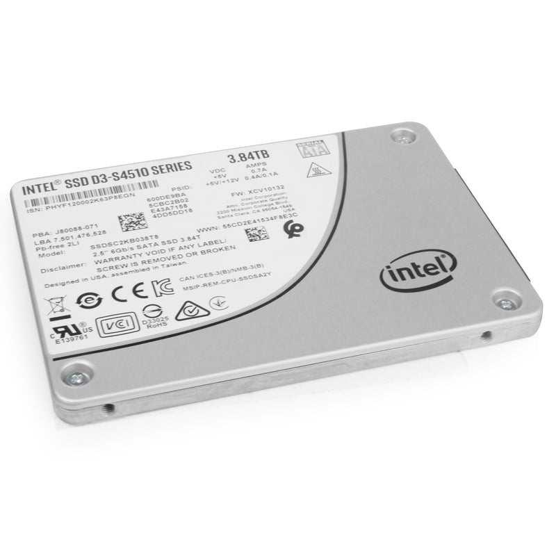 Intel D3-S4510 SSDSC2KB038T8 3.84TB SATA 6Gb/s 2.5" AES 256-bit Refurbished SSD, front angled view