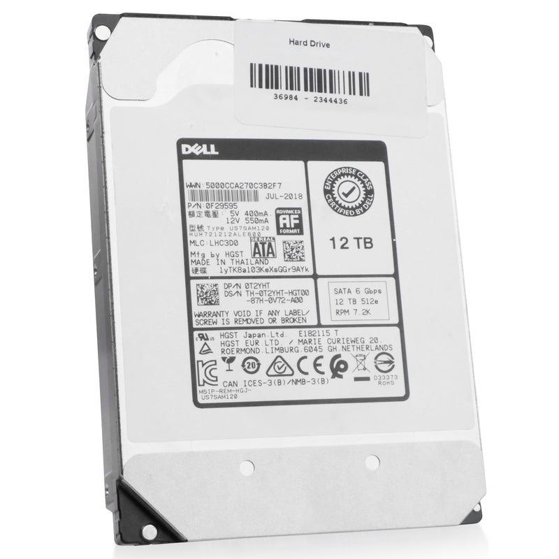Dell/Western Digital Ultrastar DC HC520 HUH721212ALE600 0F29595 12TB 7.2K RPM SATA 6Gb/s 512e 3.5in Refurbished HDD, front angled