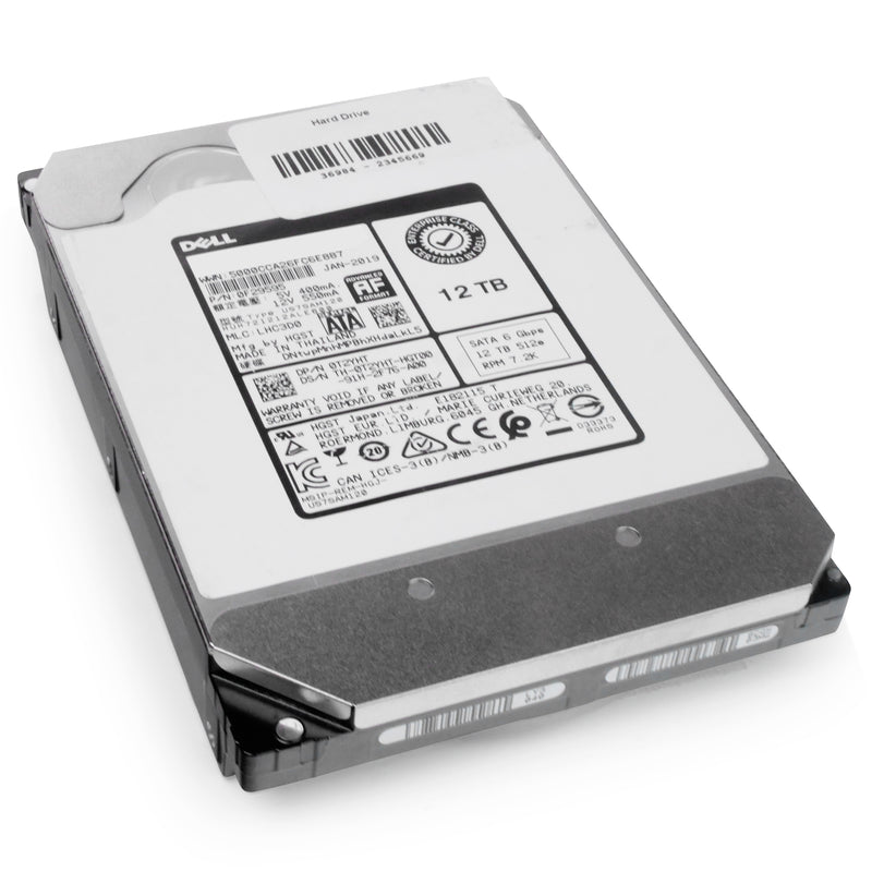 Dell/Western Digital Ultrastar DC HC520 HUH721212ALE600 0F29595 12TB 7.2K RPM SATA 6Gb/s 512e 3.5in Refurbished HDD, bottom angled