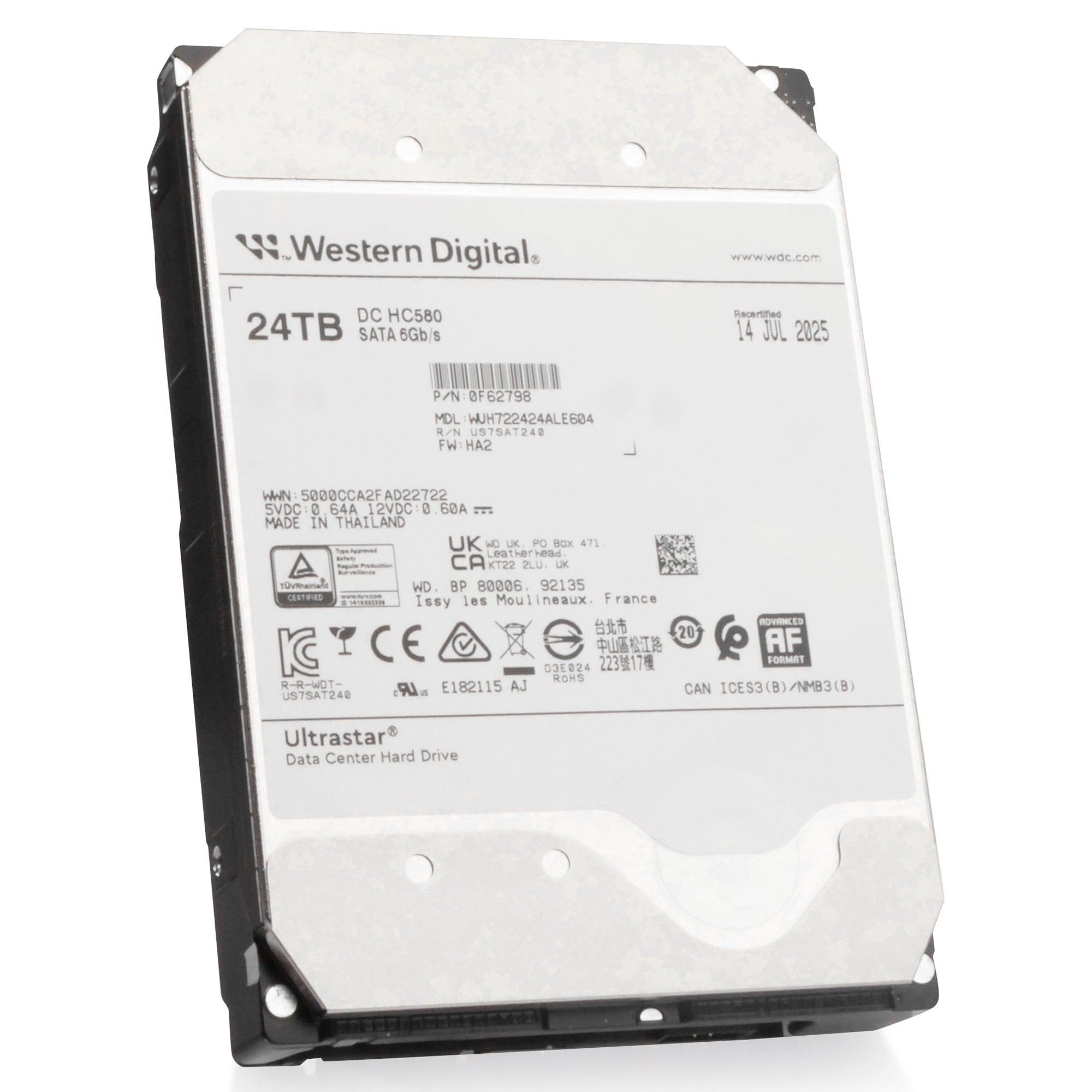 Western Digital Ultrastar DC HC580 WUH722424ALE604 0F62798 24TB 7.2K RPM SATA 6Gb/s 512e 3.5in Recertified Hard Drive, front angled