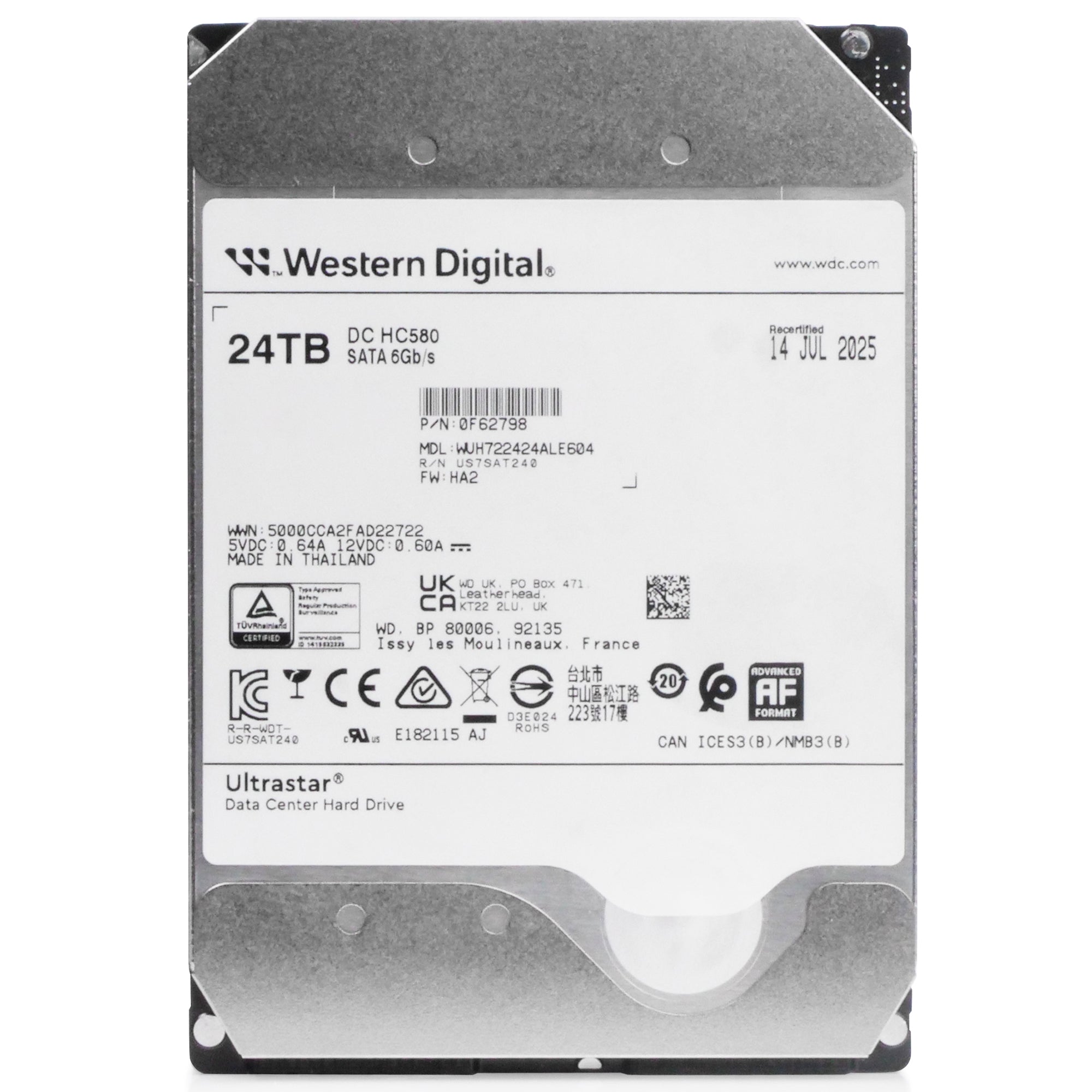 Western Digital Ultrastar DC HC580 WUH722424ALE604 0F62798 24TB 7.2K RPM SATA 6Gb/s 512e 3.5in Recertified Hard Drive, front view