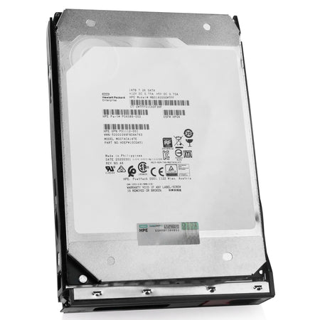 HP Generation 11 P04386-002 MB014000GWTFF 14TB 7.2K RPM SATA 6Gb/s 512e 3.5in Refurbished HDD, front angled view