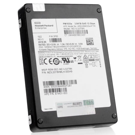 HP/Samsung PM1633a MZILS3T8HMLH 3.84TB 1 DWPD SAS 12Gb/s 3D TLC V-NAND 2.5in Refurbished SSD, front angled view