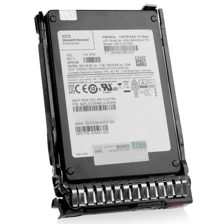 HP Generation 8 AREA3840S5xnFTRI 874431-003 3.84TB 1 DWPD SAS 12Gb/s 3D TLC V-NAND in Refurbished SSD, front angled view