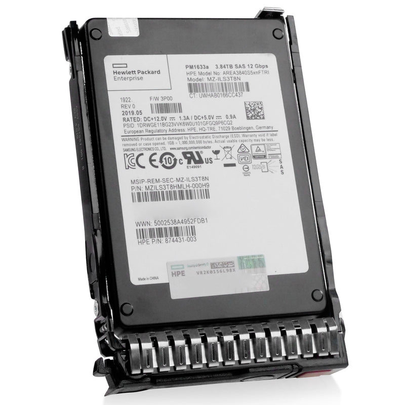 HP Generation 8 AREA3840S5xnFTRI 874431-003 3.84TB 1 DWPD SAS 12Gb/s 3D TLC V-NAND in Refurbished SSD, front angled view