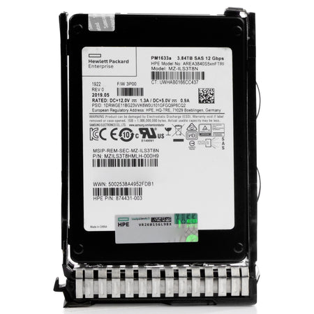 HP Generation 8 AREA3840S5xnFTRI 874431-003 3.84TB 1 DWPD SAS 12Gb/s 3D TLC V-NAND in Refurbished SSD, front view