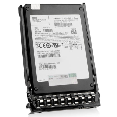 HP Generation 11 874431-003 AREA3840S5xnFTRI 3.84TB 1 DWPD SAS 12Gb/s 3D TLC V-NAND 2.5in Refurbished SSD, front angled view